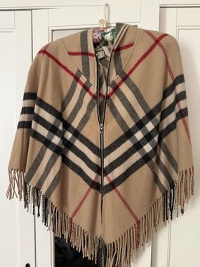 Burberry Beige, Black & Red Plaid Zip Poncho